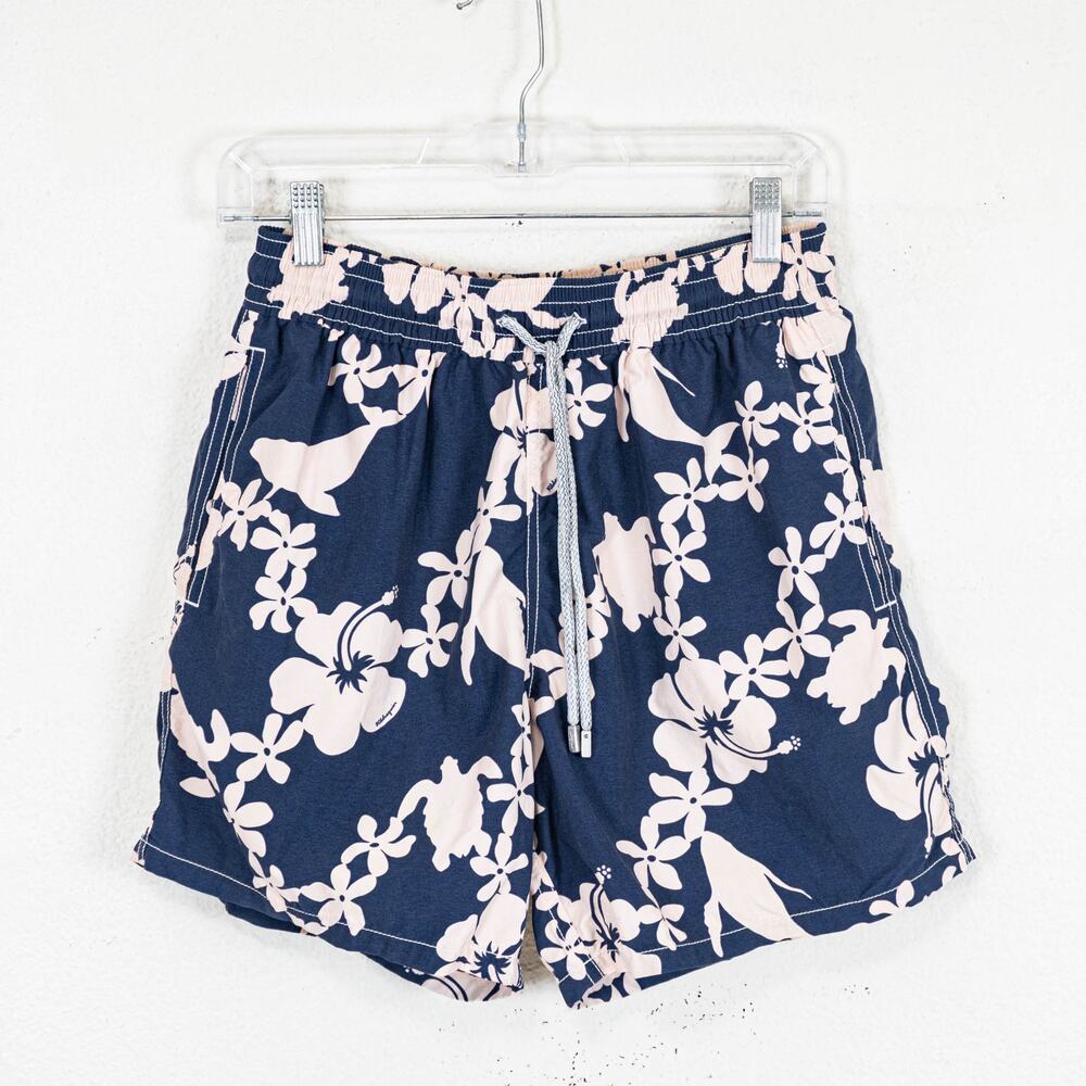 Vilebrequin Men's Swim Trunks board shorts Navy pink turtle hibiscus M